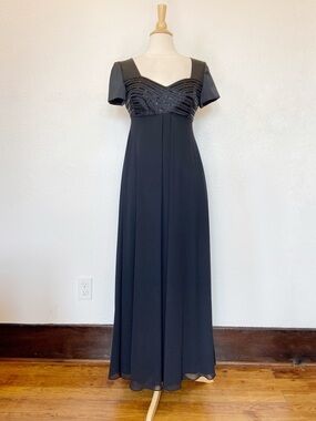 Vintage 90s Liz Claiborne Night Solid Black Satin Beaded Full Length Dr…